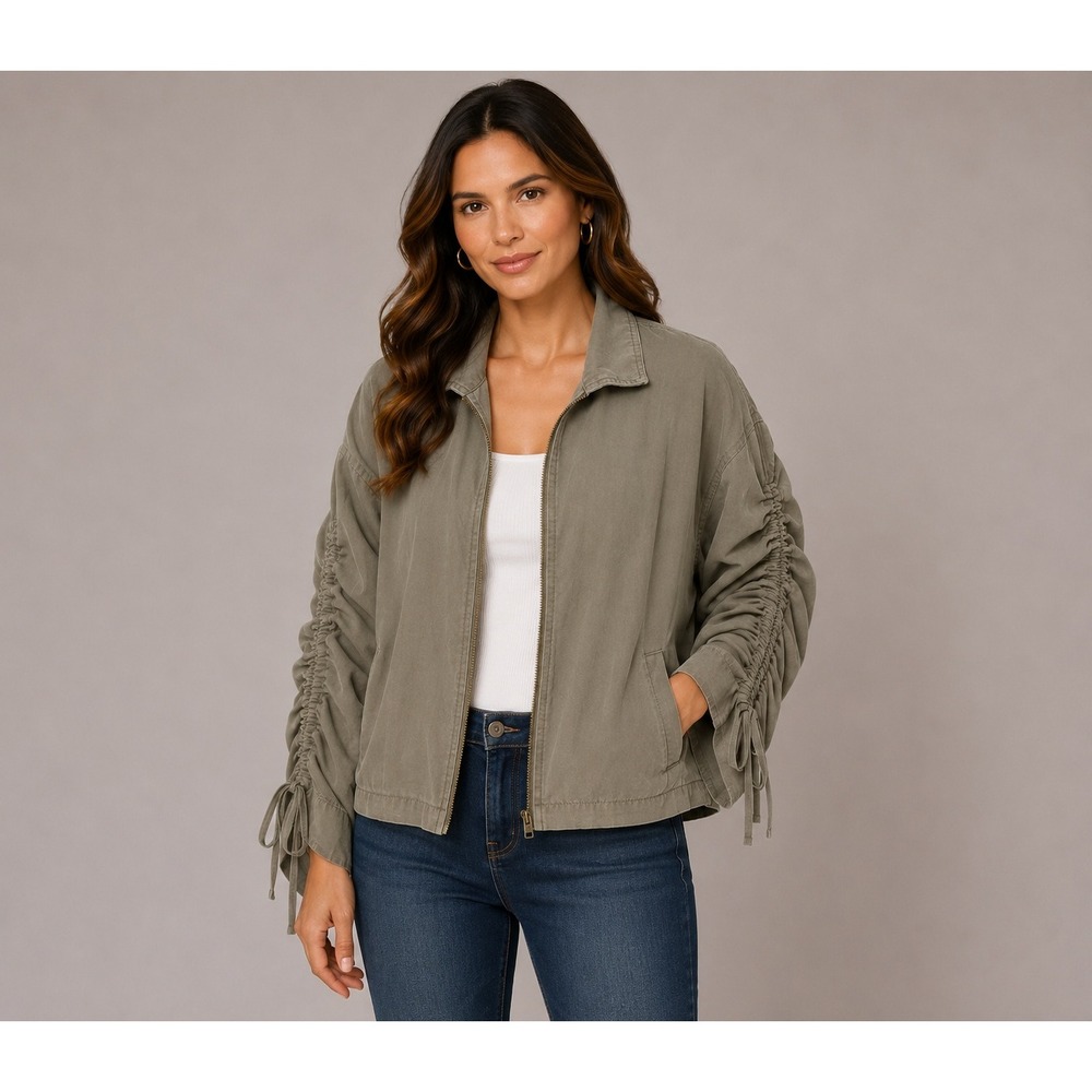 Soft Surroundings Utility Jacket Large Green Ruched Sleeve Safari Minimal Layer